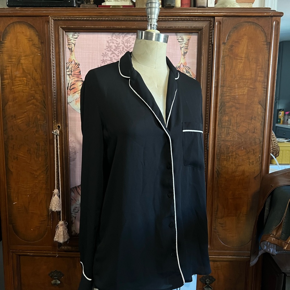 Black Button-Up Pajama Top with White Trim
